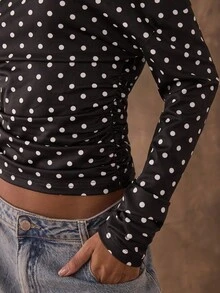 SHEIN BAE Women's Polka Dot Print Off Shoulder Batwing Long Sleeve Fitted Fashion T-Shirt, Autumn Winter Women ,Party ,Beach, Polka Dot Long Sleeves, Casual Everyday - Black - View 5