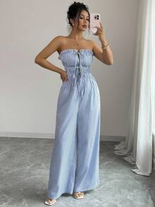 SHEIN PETITE Women's Ruffle Trim Striped Front Tie Wide Leg Loose Jumpsuit