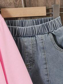 2pcs/Set Girls Casual College Style Pink Long Sleeve Crew Neck Sweatshirt With Blue Washed Denim Flare Pants Outfit - Pink - View 5