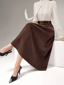 Heiryn 女士秋季通勤褶皱A字裙 - 鏽棕色 - 查看 2