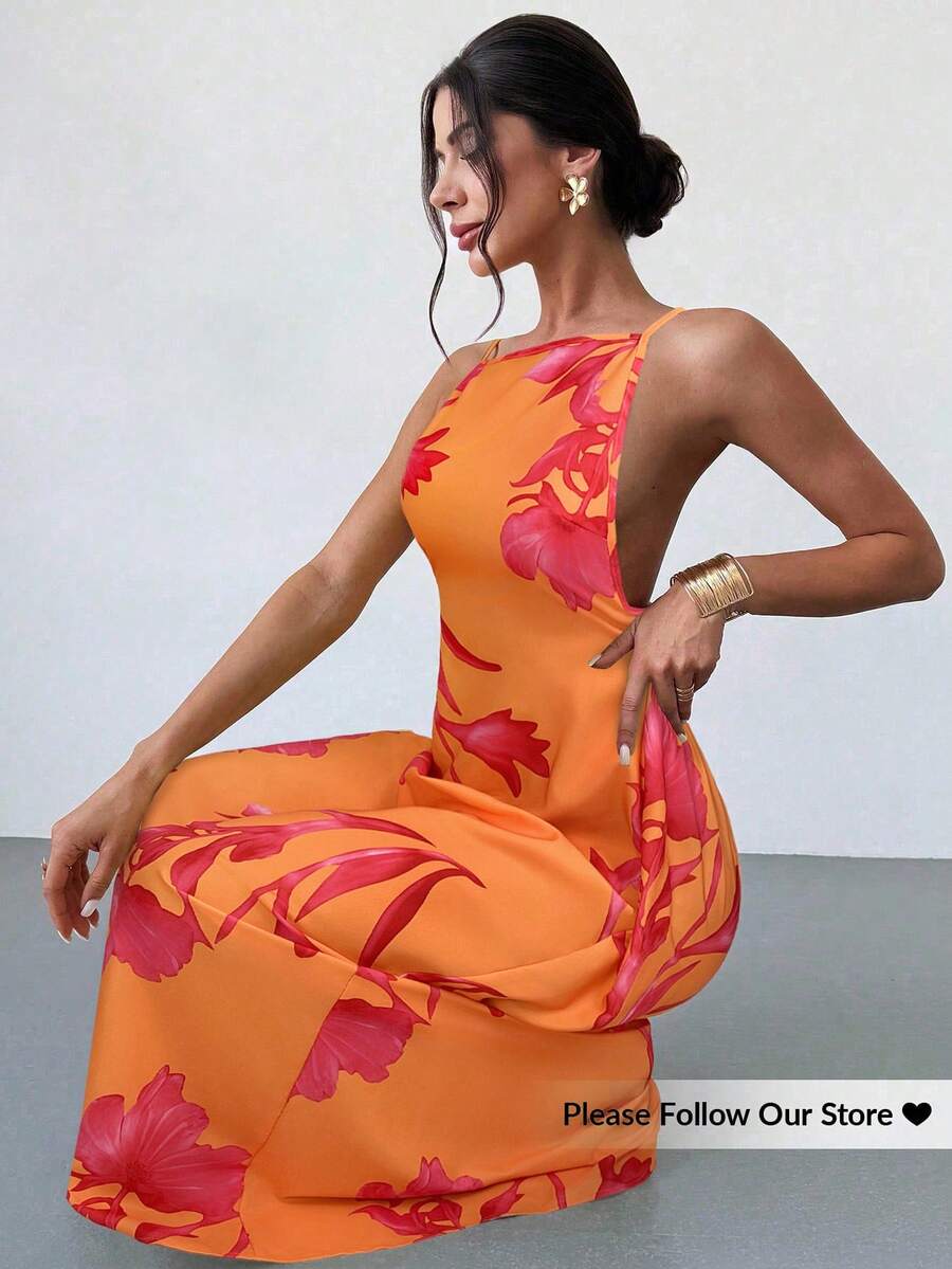 Firerie 女士纯色休闲细肩带露背花卉印花宽松夏威夷度假太阳裙,奶油黄色 - 橘色 - 查看 1