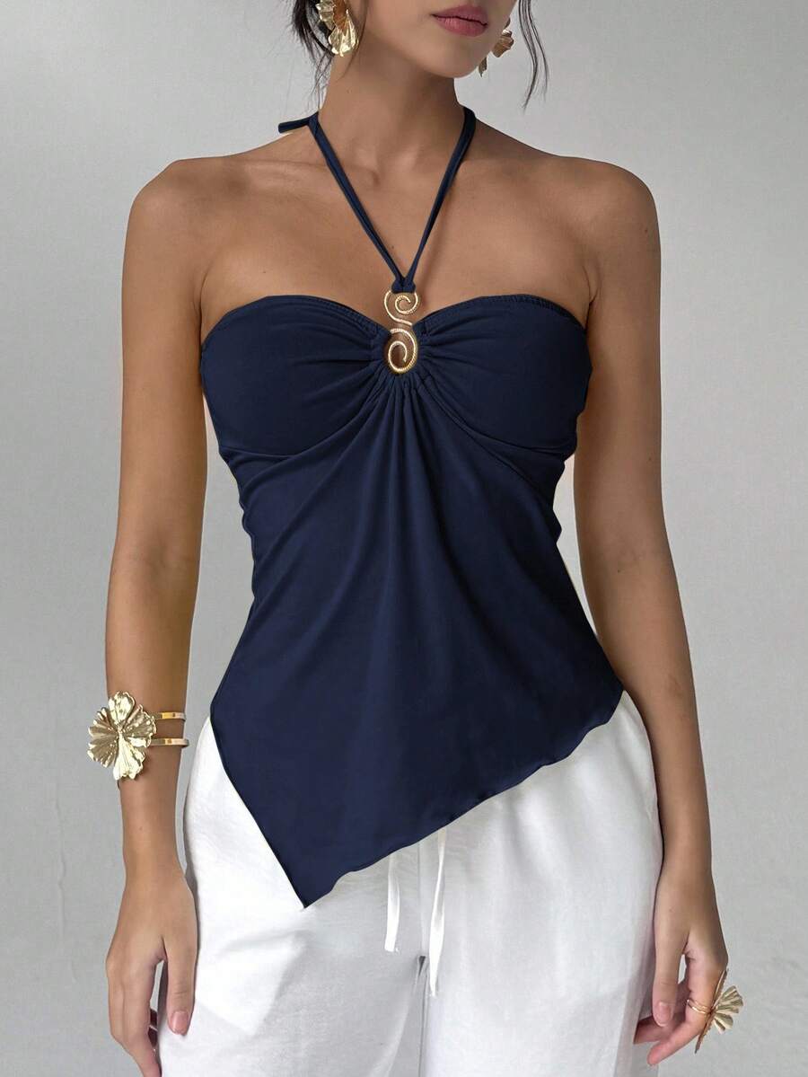 Aloruh Áo hai dây buộc cổ yếm, vạt lệch, đính kim loại, thích hợp cho nữ mùa hè, kỳ nghỉ, đi biển.