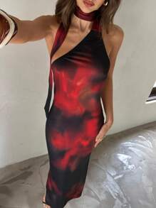 Aloruh 女士新款秋冬连衣裙，露背不对称露肩飘逸花卉印花浪漫复古性感优雅派对礼服，下午茶连衣裙女装秋季秋季女装女装连衣裙 - 彩色 - 查看 6