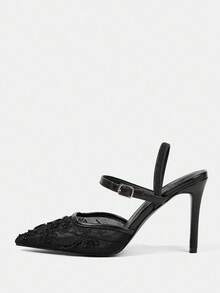 CUCCOO HITCHD 女士秋冬新款串珠刺绣蕾丝尖头细高跟鞋，优雅奢华浪漫性感哥特式黑色网纱高跟鞋，适合婚礼新娘伴娘派对等正式场合穿着 - 黑色 - 查看 9