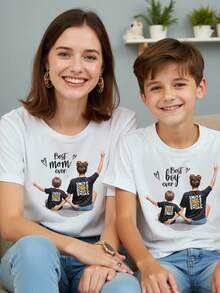 SHEIN 年輕男孩休閒短袖T卹，背面為人物視圖，親子裝母女裝（2件分開出售） - 白色 - 查看 1