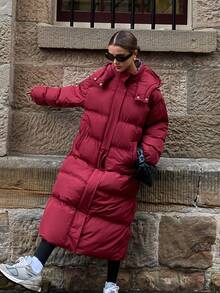 DAZY Hooded Contrast Lining Pocket Thick Long Red Christmas & New Year Padded Coat For Women, Autumn/Winter - Burgundy - View 12