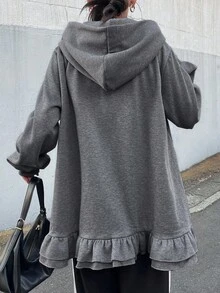 FRIFUL 女式宽松下摆荷叶边拼接厚款保暖内衬纯色休闲连帽衫运动衫夹克秋冬拉链 - 灰色 - 查看 3