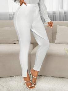 SHEIN PETITE CURVE Plus Size Women's Solid Color High Stretch Button Design Skinny Casual Pants