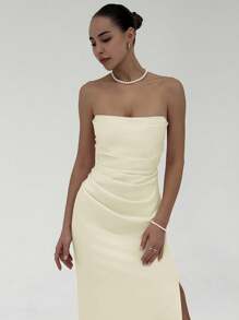 Aloruh 女士纯色褶皱连衣裙，优雅 - 杏色 - 查看 6