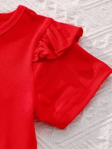 SHEIN Vintaside Kids Baby Girl Fashion Round Neck Short Sleeve Top And Casual Heart Print Bib Pants Overall Set - Red - View 5