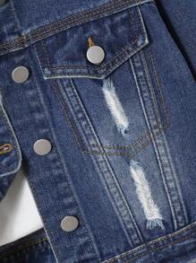 Denimly Girls Casual Daily Urban Street Personalized Distressed Hem Decor Open Front Simple Comfortable Washed Denim Boxy Jacket Fall Winter - Dark Wash - View 5