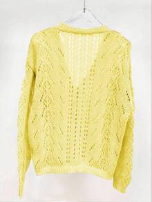EMERY ROSE Áo len cardigan dệt kim cổ chữ V khoét lỗ màu trơn dành cho nữ - Màu vàng - Xem 2