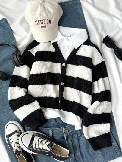 SHEIN 女童条纹针织长袖毛衣，时尚简约设计