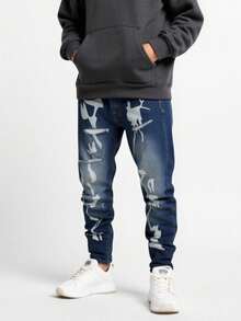 Tween Boy Fashion Stone Washed High Waist Ripped Slant Pocket Jeans With Artistic Print - Medium Wash - View 5