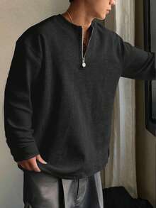 DAZY Áo thun nam cổ bẻ 1/3 màu trơn, vải họa tiết, mùa thu - màu đen - Xem 2