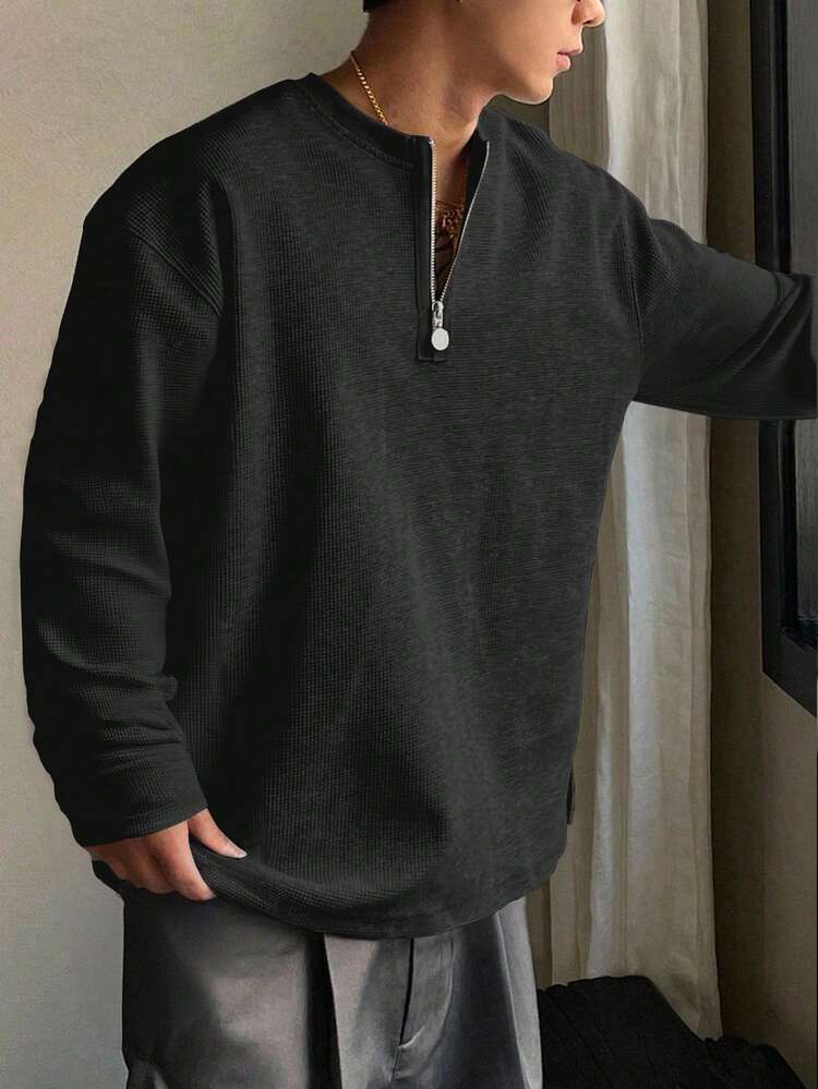 Men's Solid Color 1/3 Zip Collar T-Shirt, Textured Fabric, Autumn