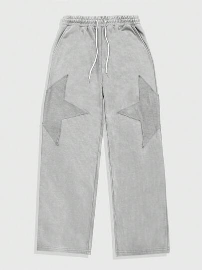 Street Life Pantalones de chándal casuales de pierna ancha con cordón en la cintura y parche de pentagrama para hombres