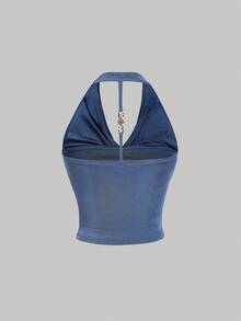 SHEIN MOD 3件套女士性感纯色垂褶领露背吊带上衣，夏季优雅上衣，万圣节女士装，节日女士装 - 彩色 - 查看 7