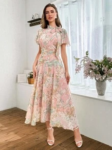 Modelyn 女式荷叶边领口系带喇叭下摆泡泡袖连衣裙 - 彩色 - 查看 5