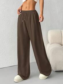 SHEIN PETITE CURVE 女士夏季简约前系带宽松运动裤，休闲日常穿着 - 巧克力棕 - 查看 3