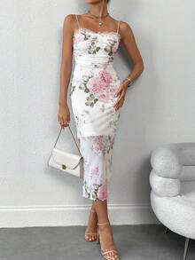 Firerie Vestido longo slim com renda floral e recortes, para o meio do verão - Multicolorido - Visão 3