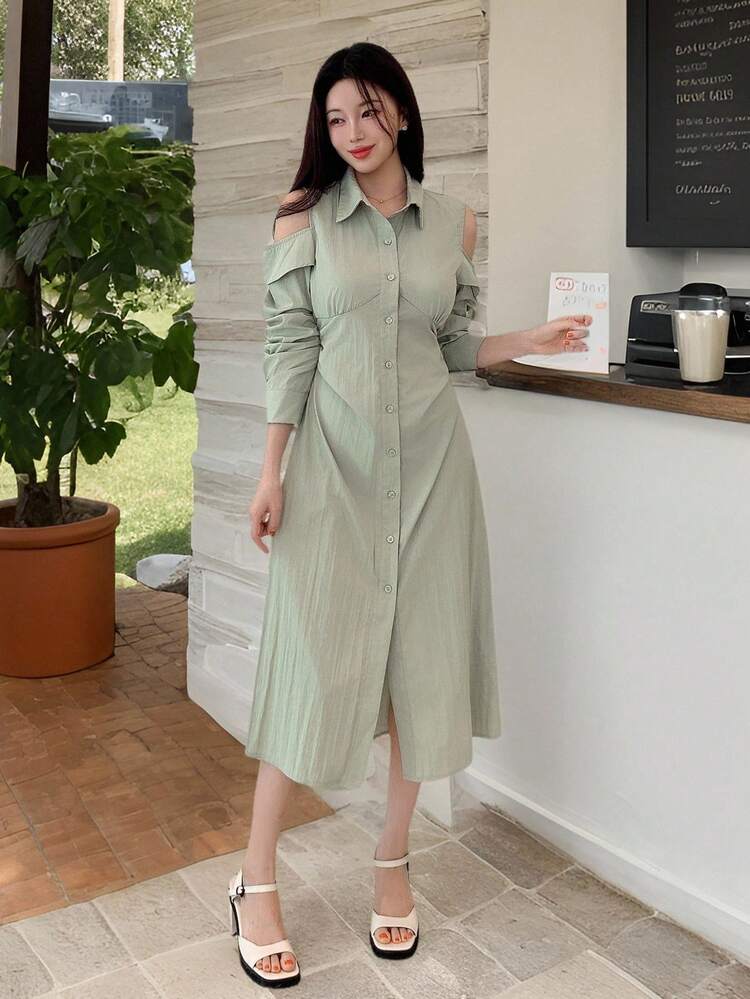 Solid Color Off-Shoulder Pleated Midi Dress For Women