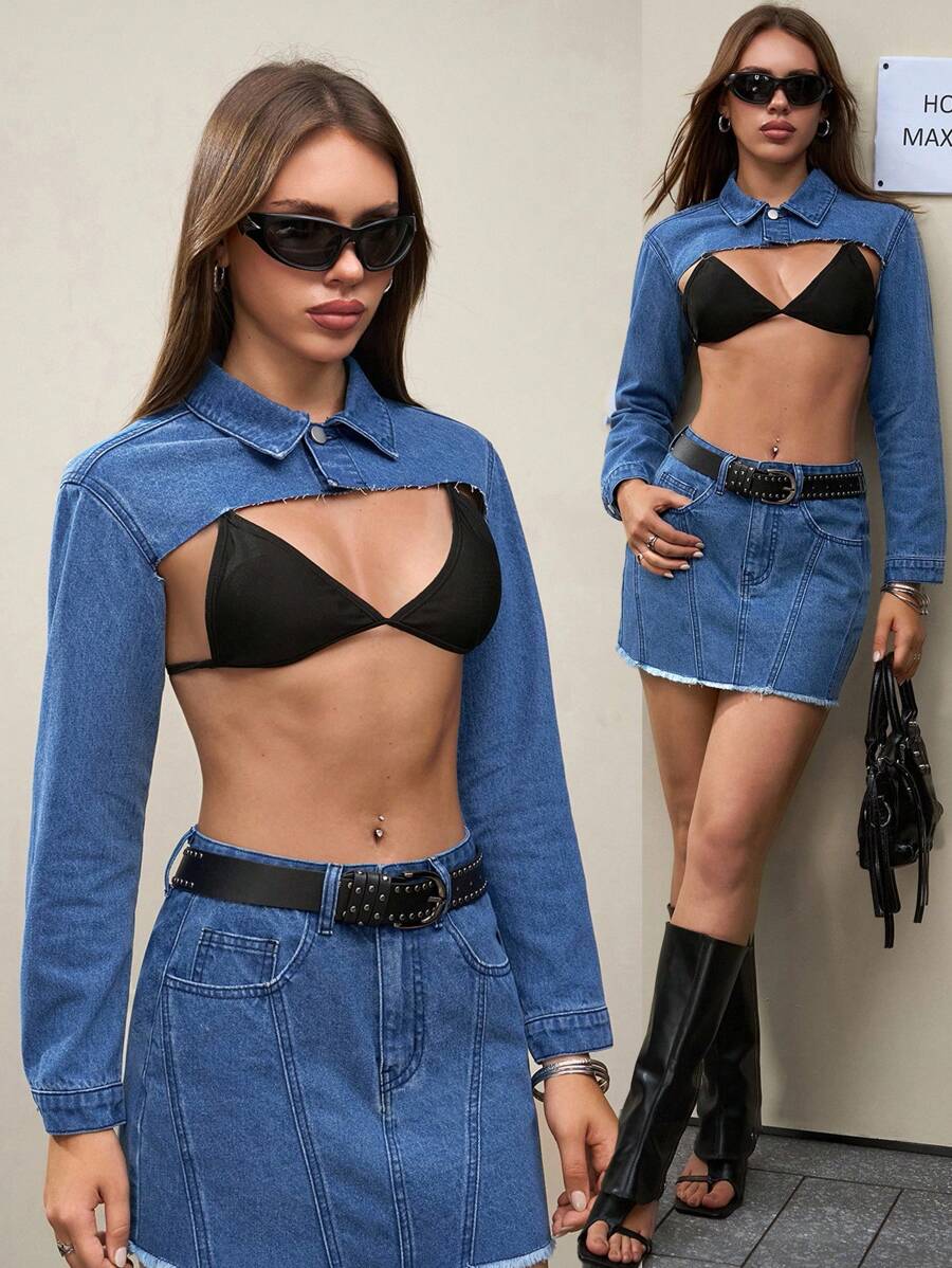 SHEIN EZwear Top de ganga feminino de cor lisa, abotoamento simples, sexy, moderno, super curto, de manga comprida - Azul - Ver 1