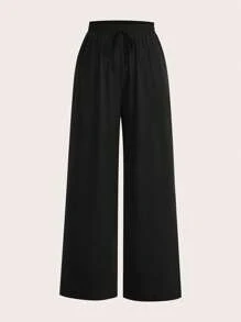 SHEIN EZwear Quần ống rộng cạp chun rút eo cỡ lớn dành cho nữ, màu đen - màu đen - Xem 5