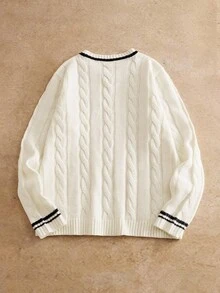 Manfinity BRENVOR 男士休闲绞花针织扭绳刺绣圆领毛衣，秋冬 - 白色 - 查看 2