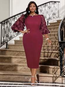 Fleurora Váy cưới tay bồng cỡ lớn cho nữ mùa xuân và mùa hè, thường ngày, thanh lịch, màu đỏ claret, cổ tròn, dệt kim, họa tiết hoa ba chiều, vải lưới nối, váy cưới 2025 mới, váy ren dài ôm vừa vặn, tay ngắn thanh lịch cho nữ, váy trang trọng cho nữ, váy dạ hội, trang phục dự tiệc, váy phù dâu, váy ren đen, váy cocktail midi bốn mùa, váy midi thanh lịch, váy tay bồng, váy dài thanh lịch, váy midi có tay, váy cho dịp đặc biệt, váy có tay trong suốt, váy tay bồng - Màu Đỏ Sâu - Xem 5