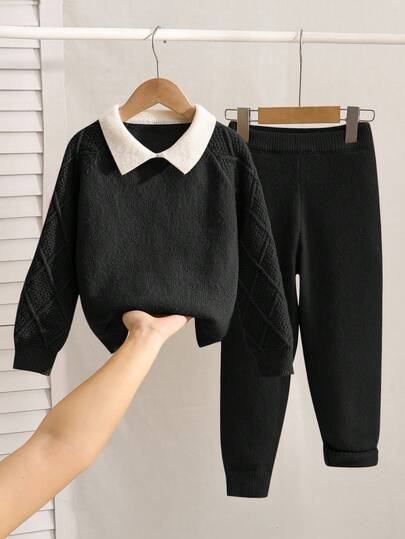 SHEIN 2 delar Pojkar Casual College Bekväm Mode Enkel Praktisk All-Match Mjuk Bekväm Löst Polotröja Set Lämplig För Födelsedagskalas, Fester, Shower Lämplig För Barn Kläder Pojkar Skola Tillbaka Till Skolan Pojkset Vardags Lämplig För Skolan Lämplig För Resor Lämplig För Sport Lämplig För Höst Och Vinter