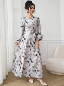 Modelyn Tie Dye Lantern Sleeve Belted Maxi Dress - Grey - View 2