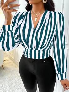 SOLERSUN Áo sơ mi xếp ly nhún hai bên (Hoa ngẫu nhiên) - Màu xanh lá cây đậm - Xem 3