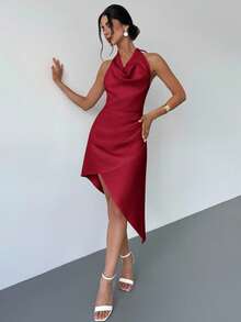 Firerie Elegancka, damska sukienka maxi z odkrytymi plecami i dekoltem halter, kolor morelowy, odpowiednia na randkę, wyjątkowe wakacje, sezon ślubny i lato - Burgund - Zobacz 7