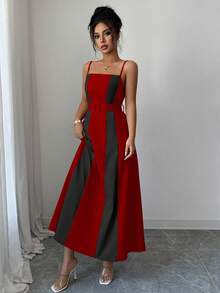 Elenzga Damen Farbblock A-Linie Knopf Dekor elegantes Lässig Büro/Urlaubs Träger Midi Kleid, geeignet für den Unabhängigkeitstag, die Abschlusszeit, Kunstleinen