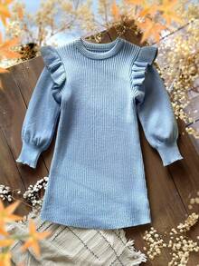 SHEIN Young Girls Baby Blue Ribbed Knit Sweater Dress,Long Sleeve Ruffled Round-Neck Casual Fairy Dress For School,Back-To-School,Autumn Winter Outfits - Blue - View 7