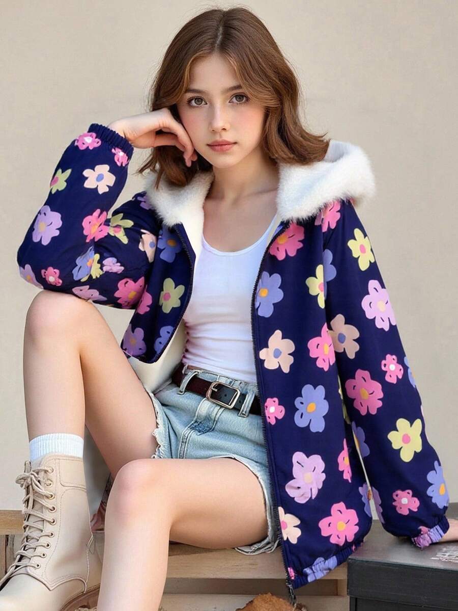 青少年女孩花卉印花长袖拉链仿皮毛饰边休闲连帽衫 - 藍色 - 查看 1