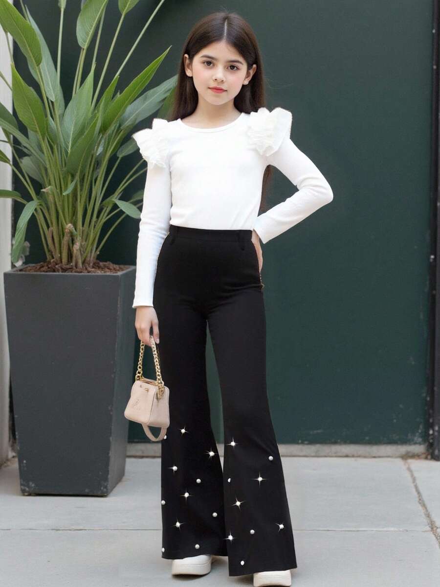 SHEIN Girls' Elegant Casual Outfit, White Knit Top Paired With Black Flared Pants, Shoulder Ruffle Trim, Beaded Leg Cuffs, Suitable For Spring/Autumn Daily Wear Fall Winter - White - View 1
