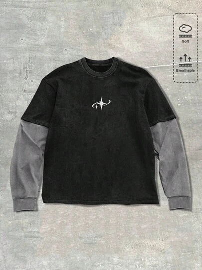 ROMWE MEN Men's Patchwork Contrast Color Star Print Casual Street T-Shirt, Fall, Long Sleeve Top