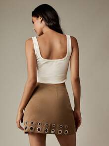 MISSGUIDED Trendsetting Suede Mini Skirt With Double Row Metal Eyelet Hem Detail Fall Winter Fashion Statement Bottom Piece Professional Casual Wear - Brown - View 2