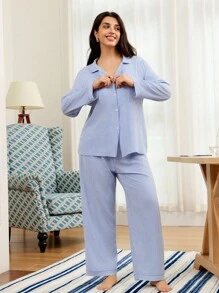 SHEIN Bộ đồ ngủ màu xanh dương cỡ lớn thường ngày có thiết kế vai trễ và chi tiết túi Bộ đồ ngủ áo và quần sọc xanh dành cho nữ Bộ đồ ngủ sọc dành cho nữ Bộ đồ ngủ cài nút dành cho nữ Bộ đồ ngủ nữ, Trang phục Bộ đồ ngủ cỡ lớn Bộ đồ ngủ cỡ lớn Bộ đồ ngủ cỡ lớn Bộ đồ ngủ cỡ lớn dành cho nữ Bộ đồ ngủ cỡ lớn dành cho nữ Chi tiết ấm áp và thanh lịch Bộ đồ ngủ cỡ lớn dành cho nữ, Quần áo thu đông - Màu xanh lam - Xem 3