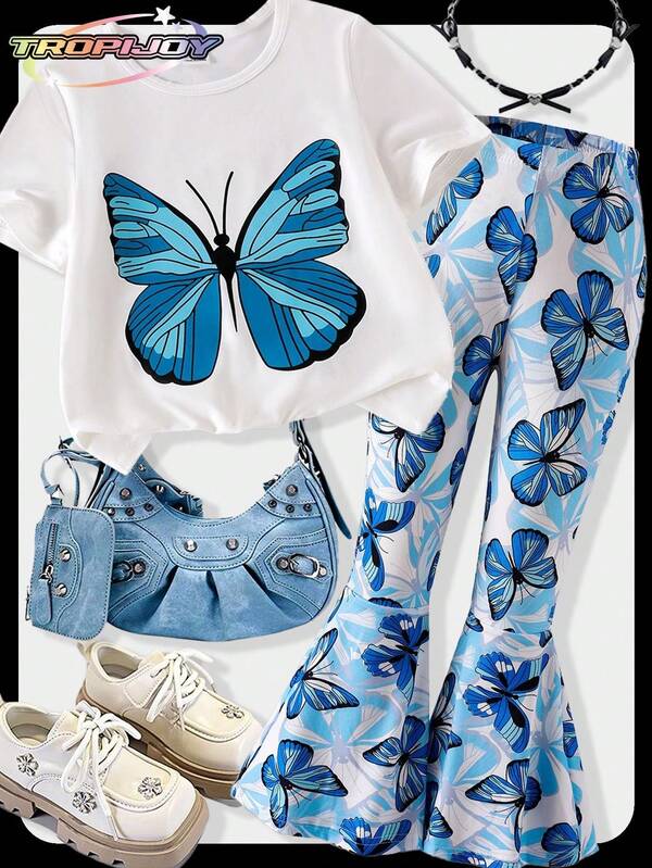 SHEIN Conjunto de pantalones acampanados y camiseta de manga corta con estampado de mariposas para niñas jóvenes, verano