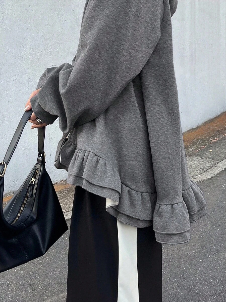 FRIFUL 女式宽松下摆荷叶边拼接厚款保暖内衬纯色休闲连帽衫运动衫夹克秋冬拉链 - 灰色 - 查看 1