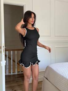 Ronhire Vestido de moda minivestido sin mangas con cuello redondo y dobladillo con volantes para mujer - Negro - Ver 6