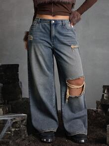 Jeanoix 大码女式做旧口袋宽腿宽松休闲牛仔裤 - 藍色 - 查看 5