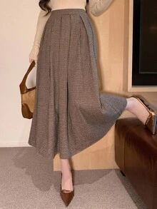 DAZY 女士休闲千鸟格印花A字裙，秋冬女装半身裙 - 卡其色 - 查看 2