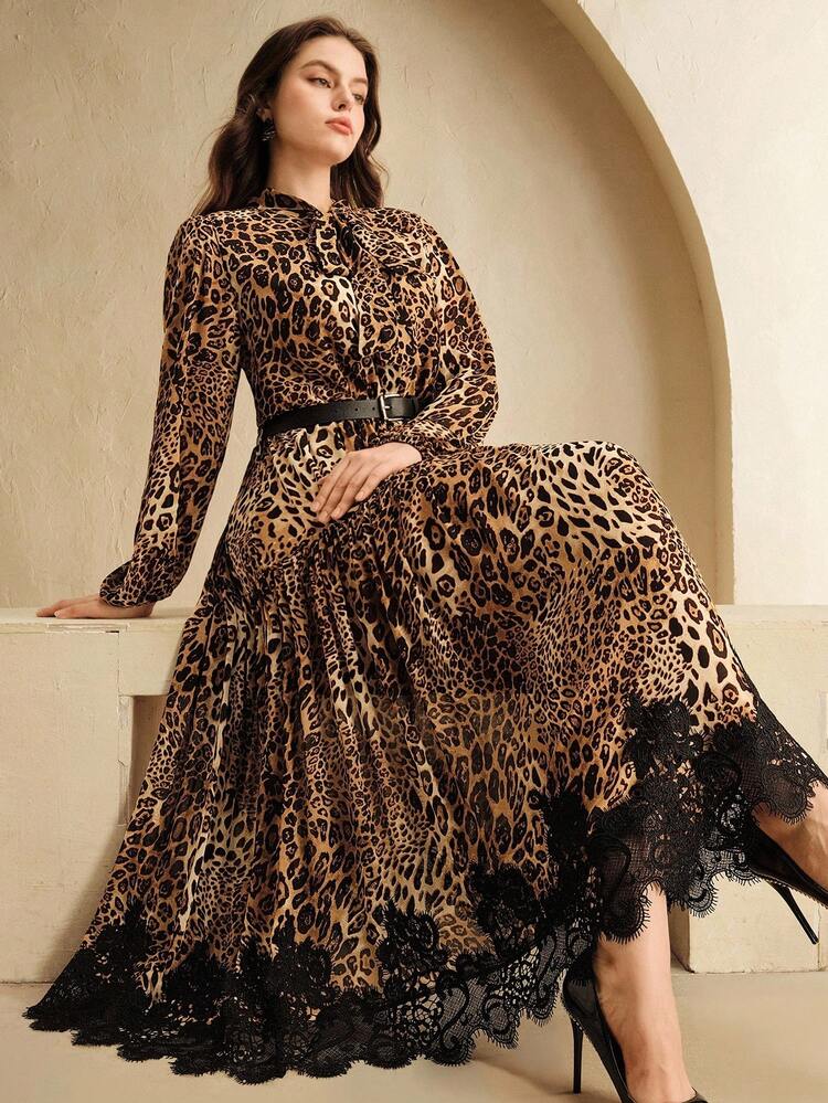 Plus Size Leopard Print Chiffon & Lace Patchwork Maxi Dress, Elegant & Modest Vintage Style Dress For Women, Suitable For Fall, Autumn, Party, Christmas