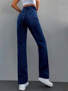 SHEIN Cottnline 女裝休閒直筒牛仔褲 - 深色水洗藍 - 查看 2