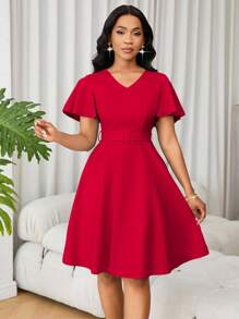 Lunelith SHEIN Lunessa Women's Solid Color A-Line V-Neck Short Sleeve Dress