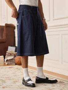 SWAVVY Pantalones capri casuales anchos de pierna suelta con bolsillo a rayas para hombres - Azul - Ver 6